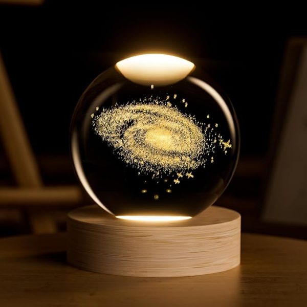 3D Galaxy Solar System Crystal Ball Night Light with Wooden Base – Stunning Space Decor